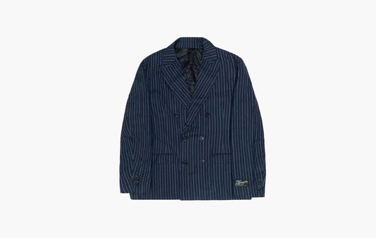 Wrinkled Stripe Double-Breasted Blazer "Navy"