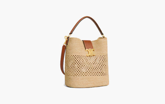 Medium Louise Bucket In Raffia and Calfskin "Natural/Tan"