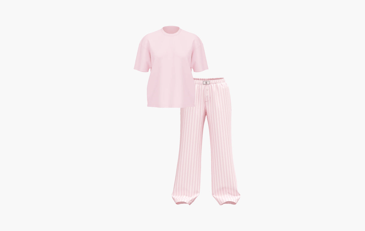 Flannel Short-Sleeve Long Tee-Jama Set "Core Lurex Stripe Coconut White/Pretty Blossom"