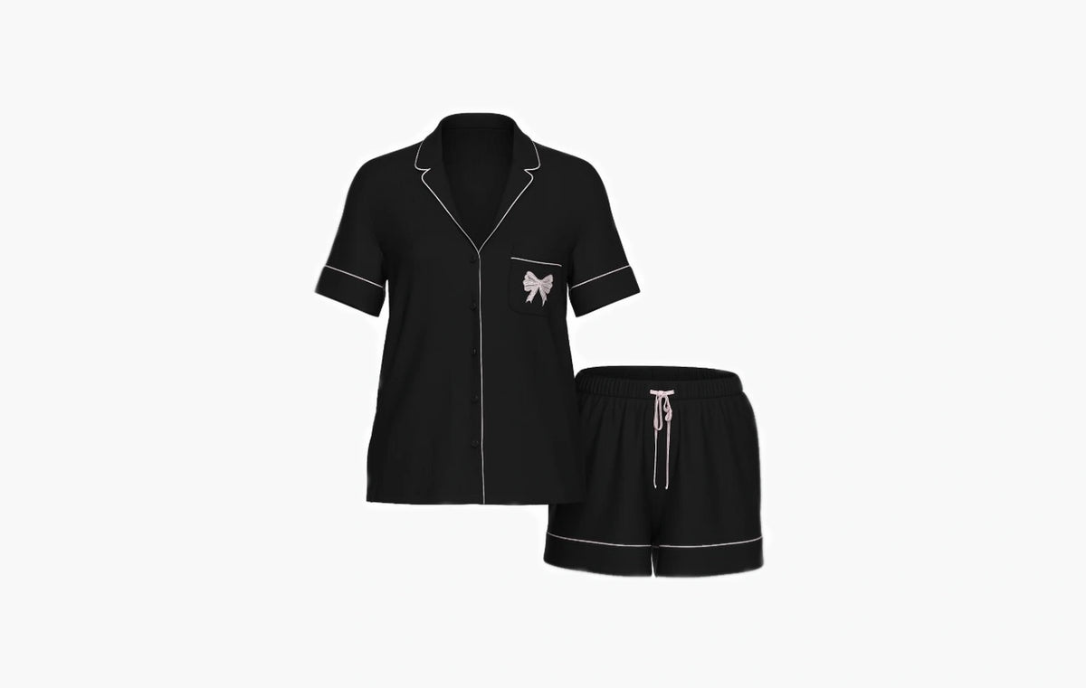 Modal Soft Bow Short Pajama Set "Black W Angel Pink Bow"