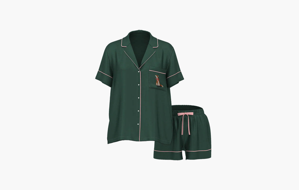 Glazed Satin Short Pajama Set "Cliantro W Fox Pocket Embroidery"