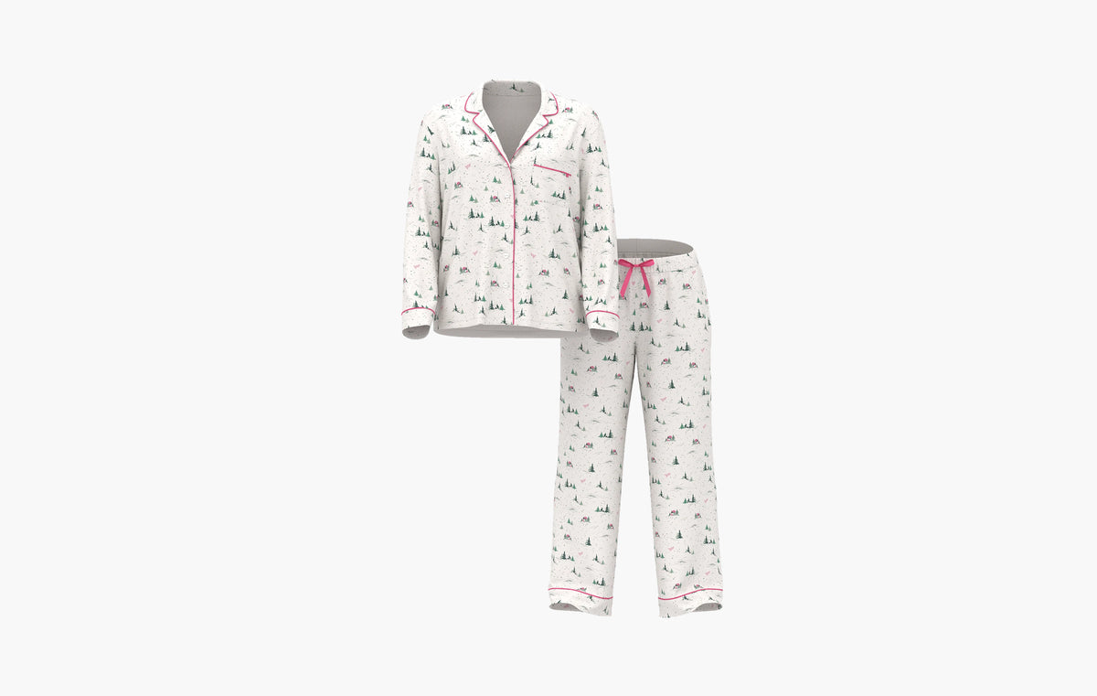 Cotton Flannel Long Pajama Set "Coconut White/Rose Garden Whimsy Forest Scene"