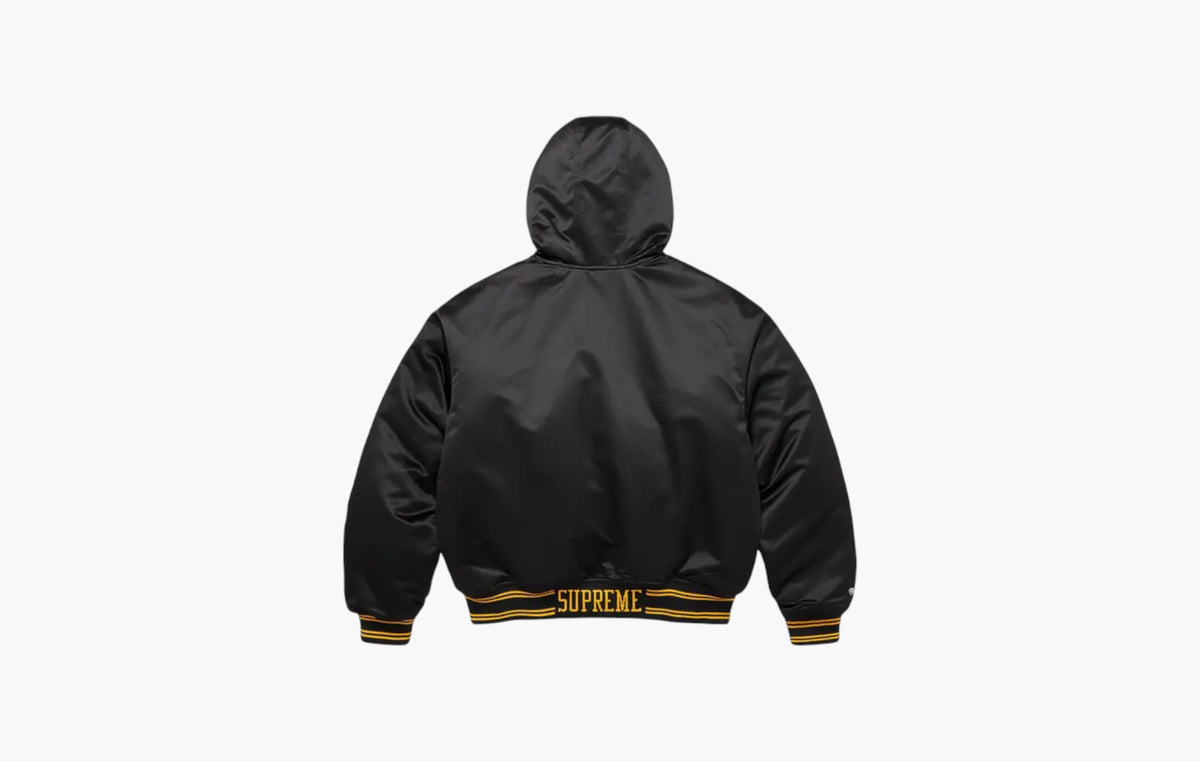 Lined Hooded Satin Varsity Jacket "Black"