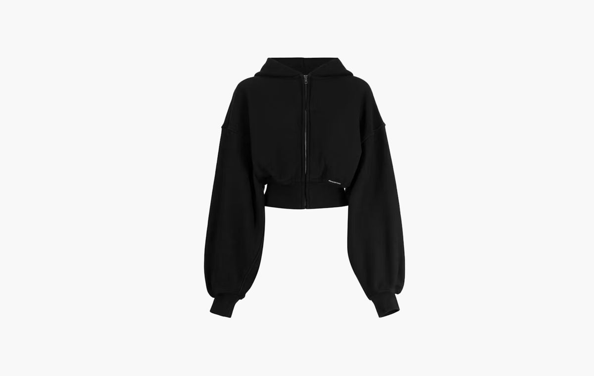 Branded Seam Label Cropped Zip Up Hoodie "Faded Black"