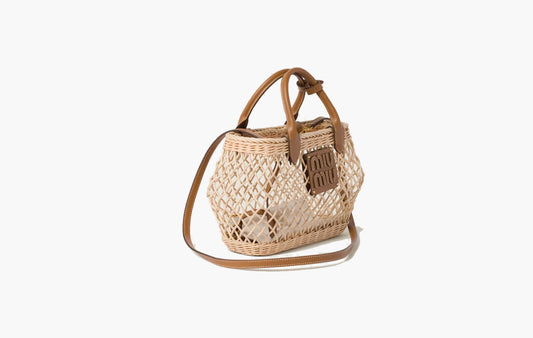 Woven Fabric Handbag With Leather Trim "Tan/Caramel"