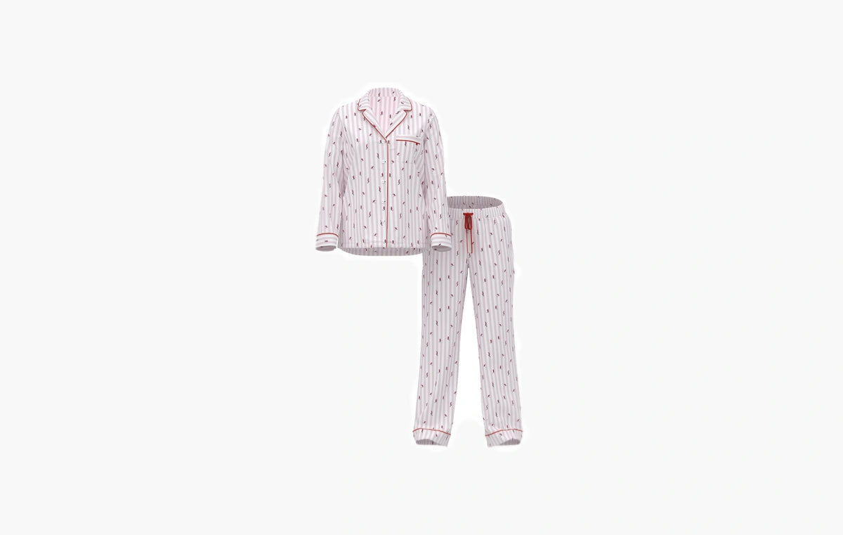 Cotton Flannel Long Pajama Set "Pretty Blossom/Coconut White Vs Skiers"