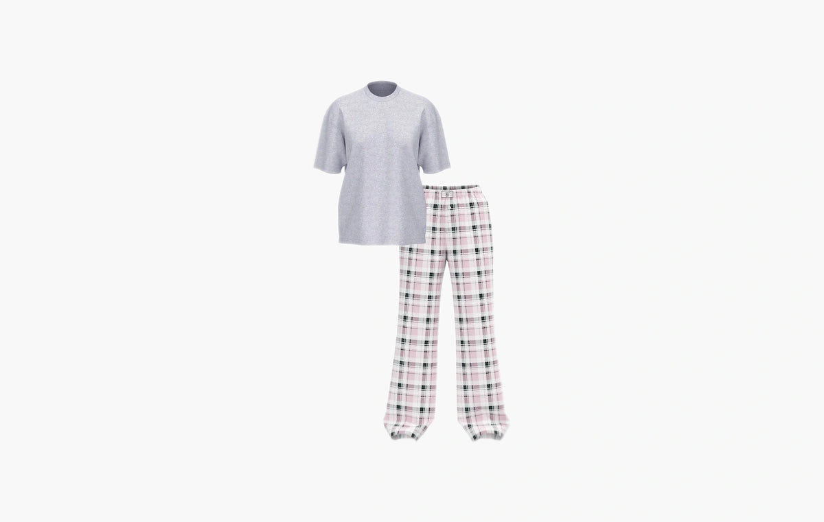 Flannel Short-Sleeve Long Tee-Jama Set "Coconut White/Black Gold Lurex Stripe"