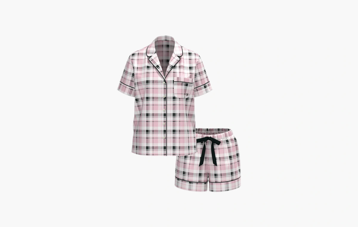Flannel Short Pajama Set "Coconut White/Black White Gold Lurex Yd Plaid"