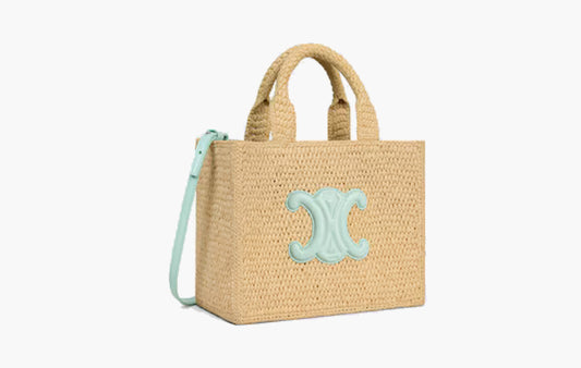 Small Cabas Thais In Raffia and Calfskin "Light Acqua"