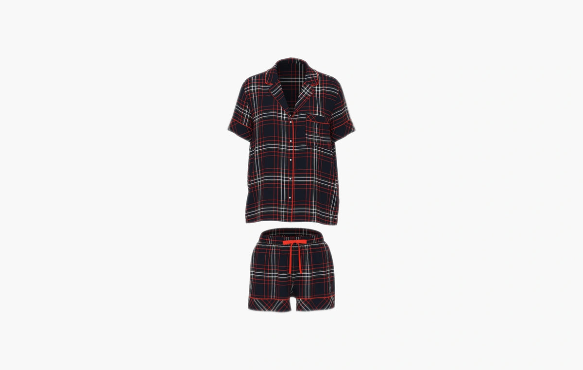 Flannel Short Pajama Set "Black/Vs White/Red Yd Plaid"