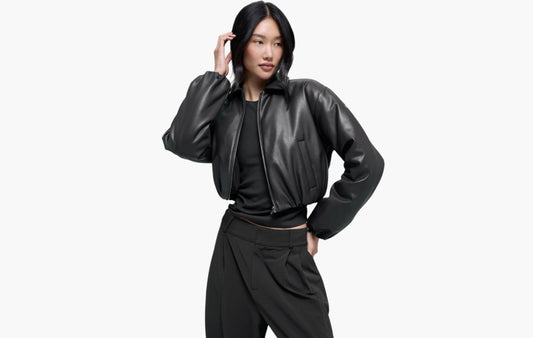 Faux Leather Cropped Premier Bomber "Black"