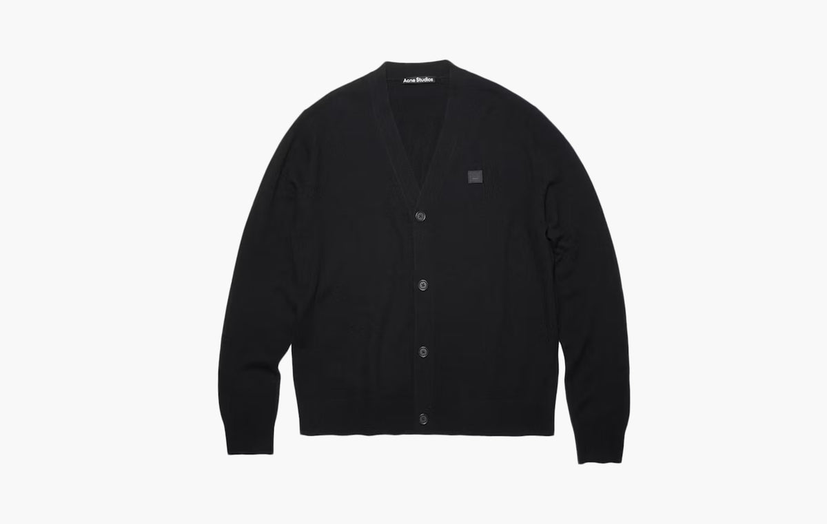 Wool Face Patch V Neck Cardigan Sweater "Black"