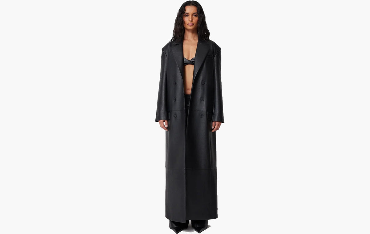 Faux Leather Double Breasted Long Coat "Black"