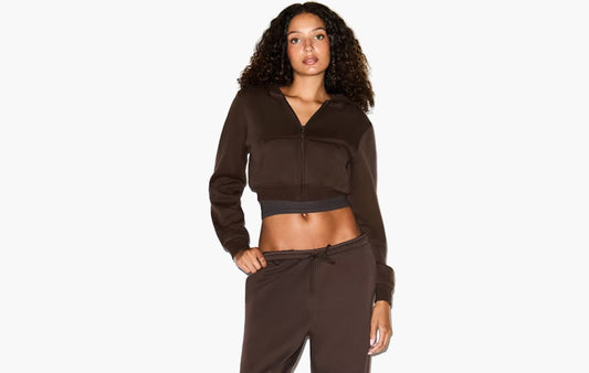Cotton Fleece Cropped Zip Up Hoodie "Dark Sepia"