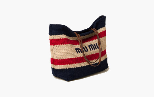 Raffia-Effect Woven Tote Bag "Natural/Blue"
