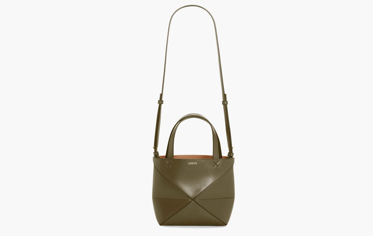 Loewe Puzzle Shiny Calfskin Leather Fold Tote Mini Bag Dark Khaki Green | The Sortage