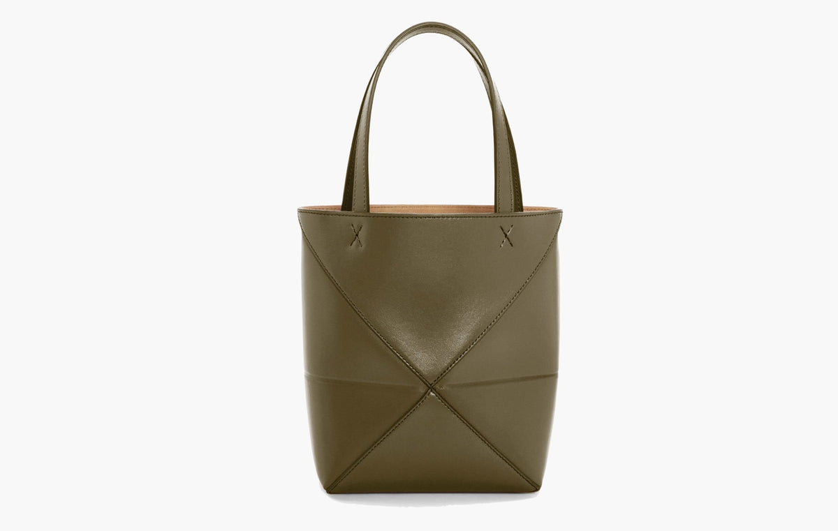 Loewe Puzzle Shiny Calfskin Leather Fold Tote Mini Bag Dark Khaki Green | The Sortage