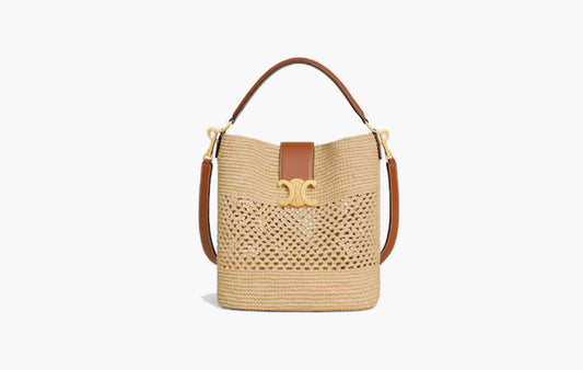 Medium Louise Bucket In Raffia and Calfskin "Natural/Tan"