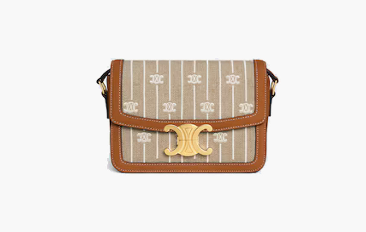 Teen Triomphe Bag In Textile With Triomphe All Over and Calfskin "Noisette/Blanc"