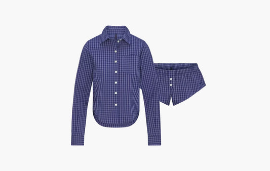 Cotton Poplin Micro Short Sleep Set "Navy Check"