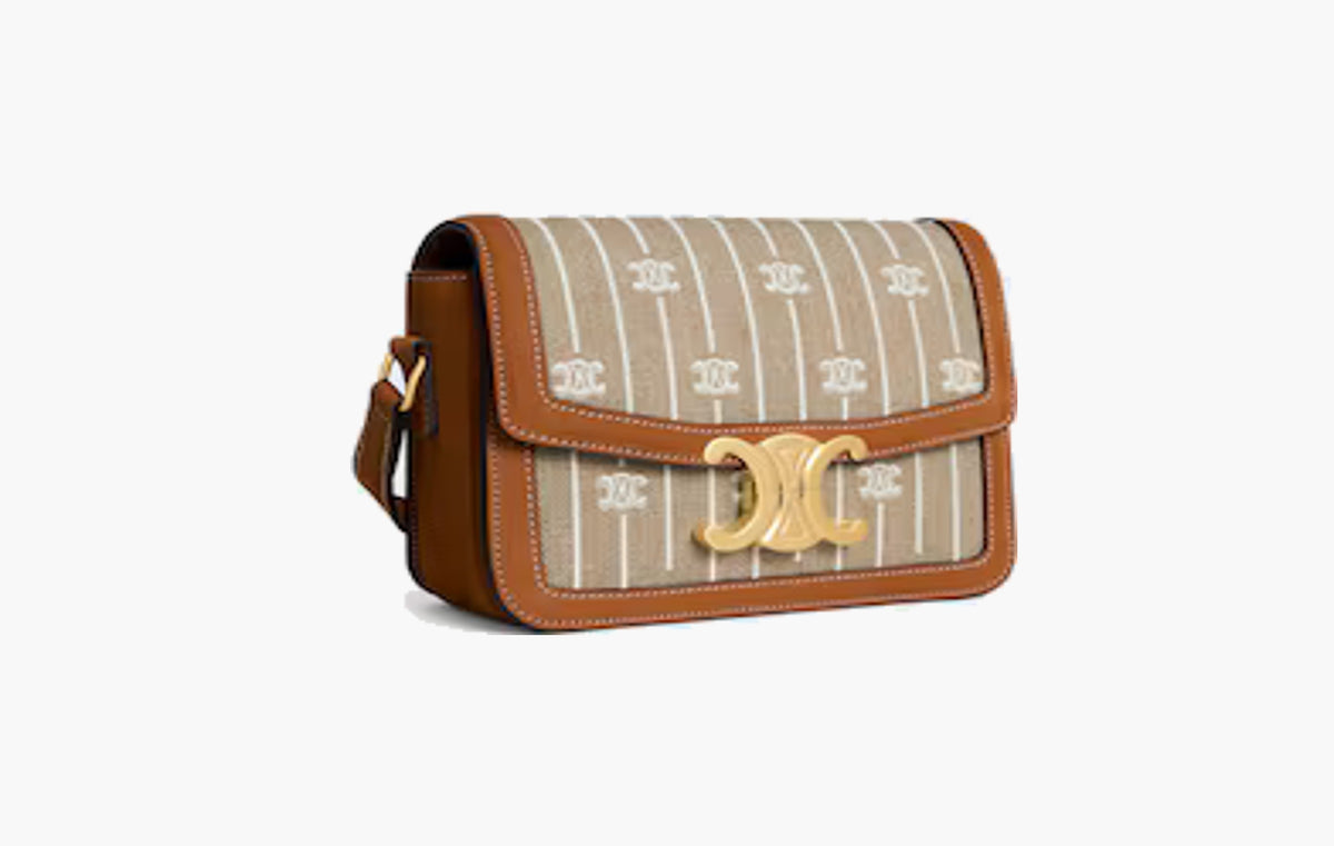 Teen Triomphe Bag In Textile With Triomphe All Over and Calfskin "Noisette/Blanc"