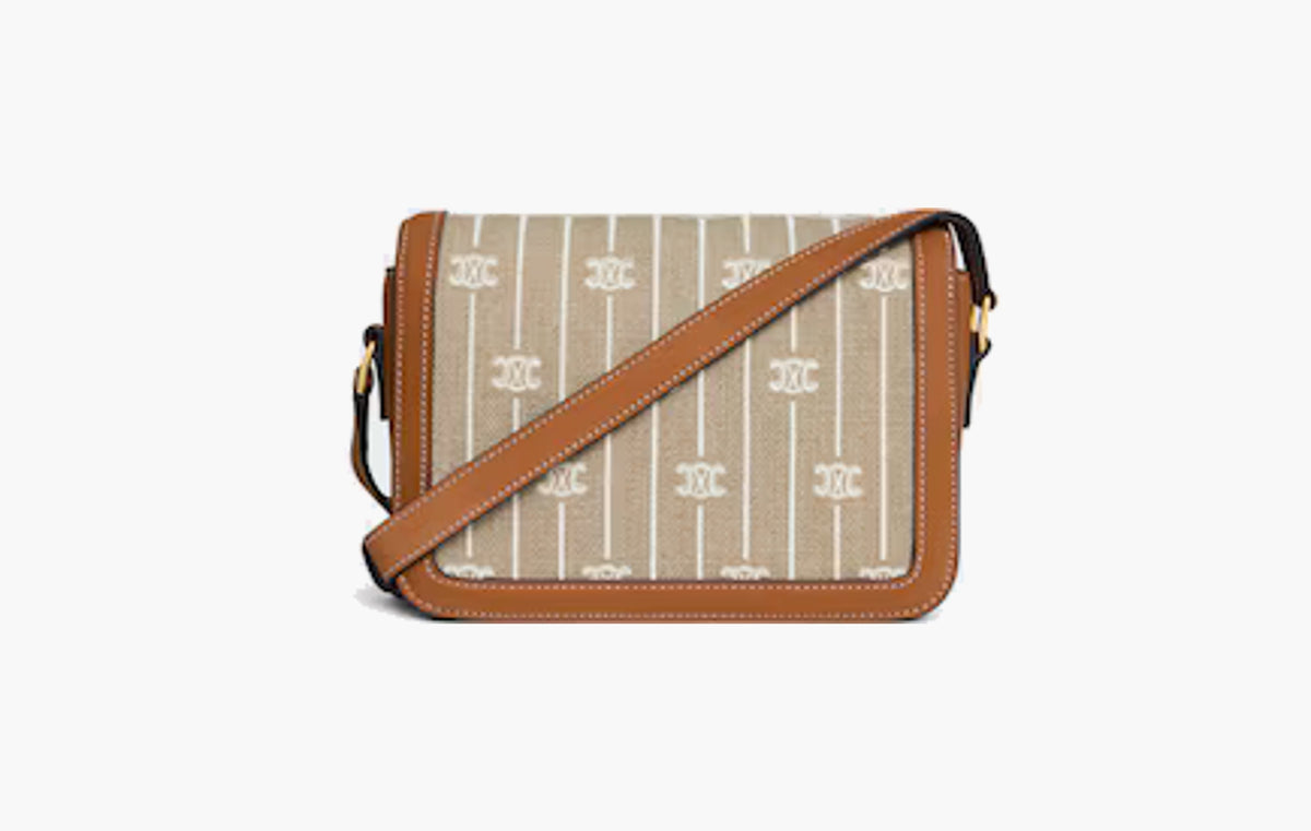 Teen Triomphe Bag In Textile With Triomphe All Over and Calfskin "Noisette/Blanc"