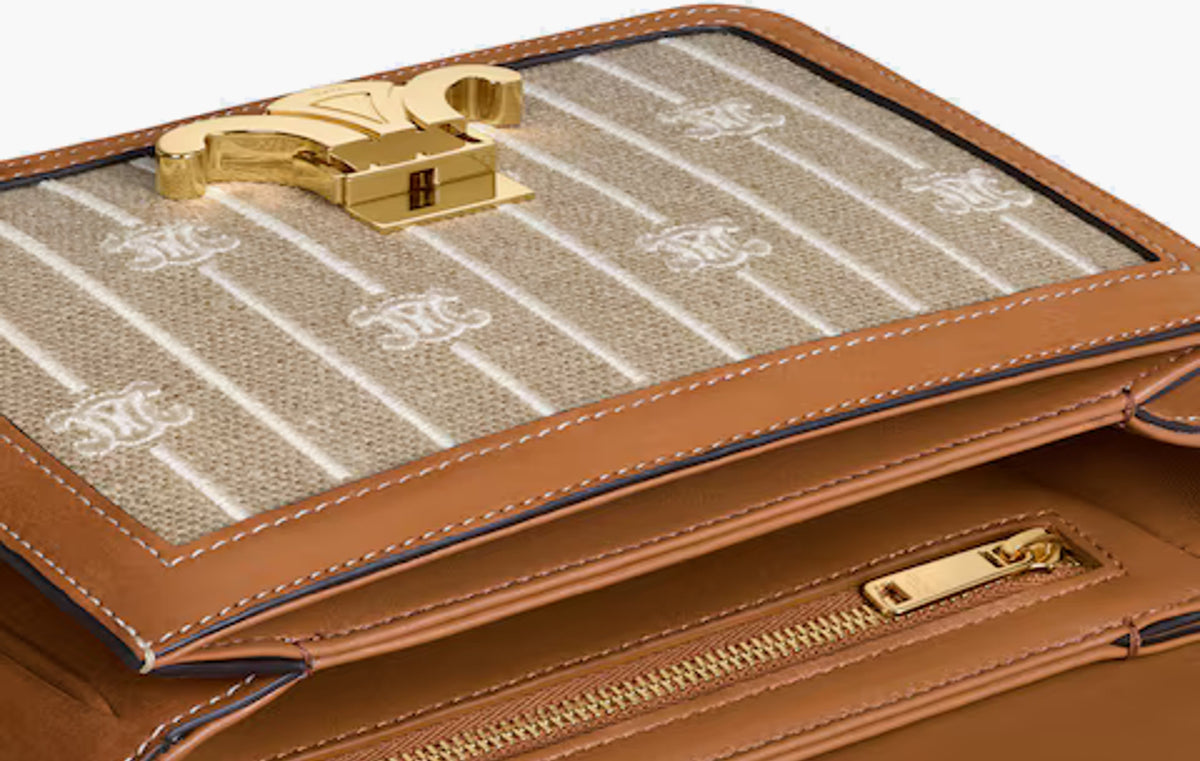 Teen Triomphe Bag In Textile With Triomphe All Over and Calfskin "Noisette/Blanc"