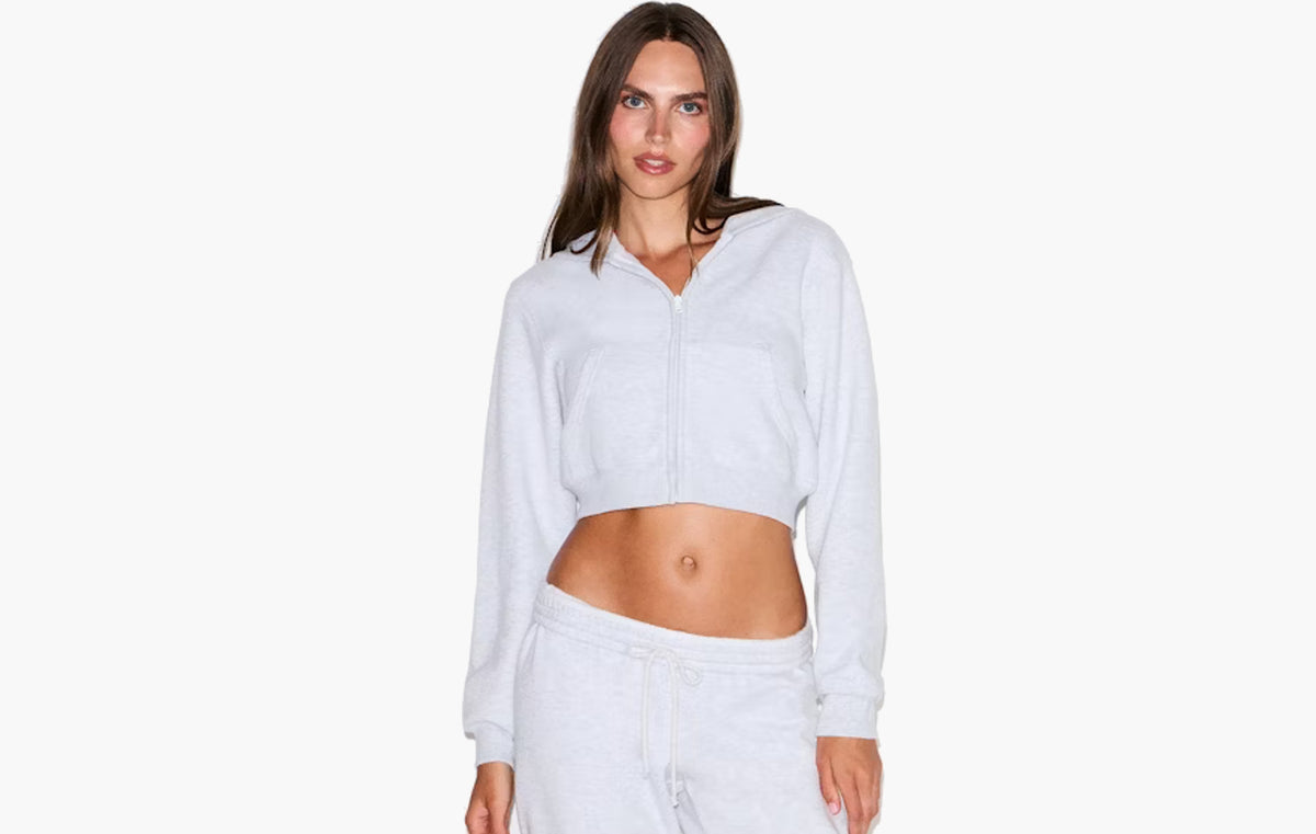Cotton Fleece Cropped Zip Up Hoodie "Light Heather Grey"