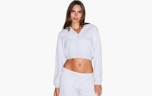 Cotton Fleece Cropped Zip Up Hoodie "Light Heather Grey"