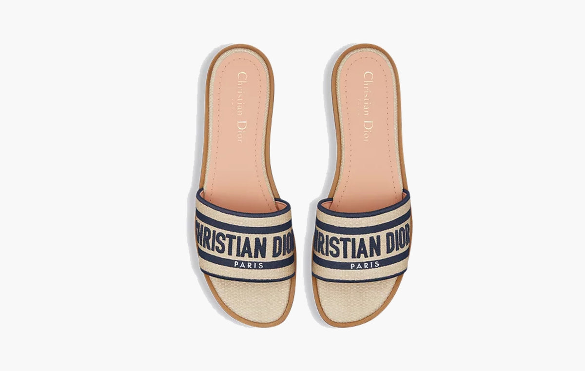 Dway Slide WMNS "Natural Raffia and Deep Blue Embroidered Cotton"