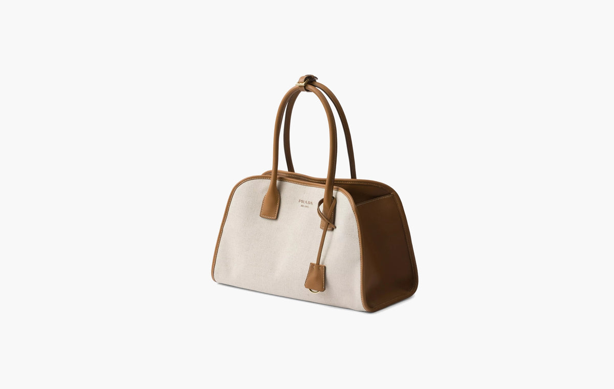 Medium Linen Blend and Leather Tote Bag "Tan/Caramel"