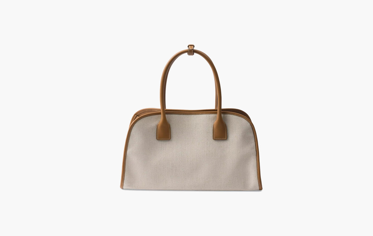 Medium Linen Blend and Leather Tote Bag "Tan/Caramel"