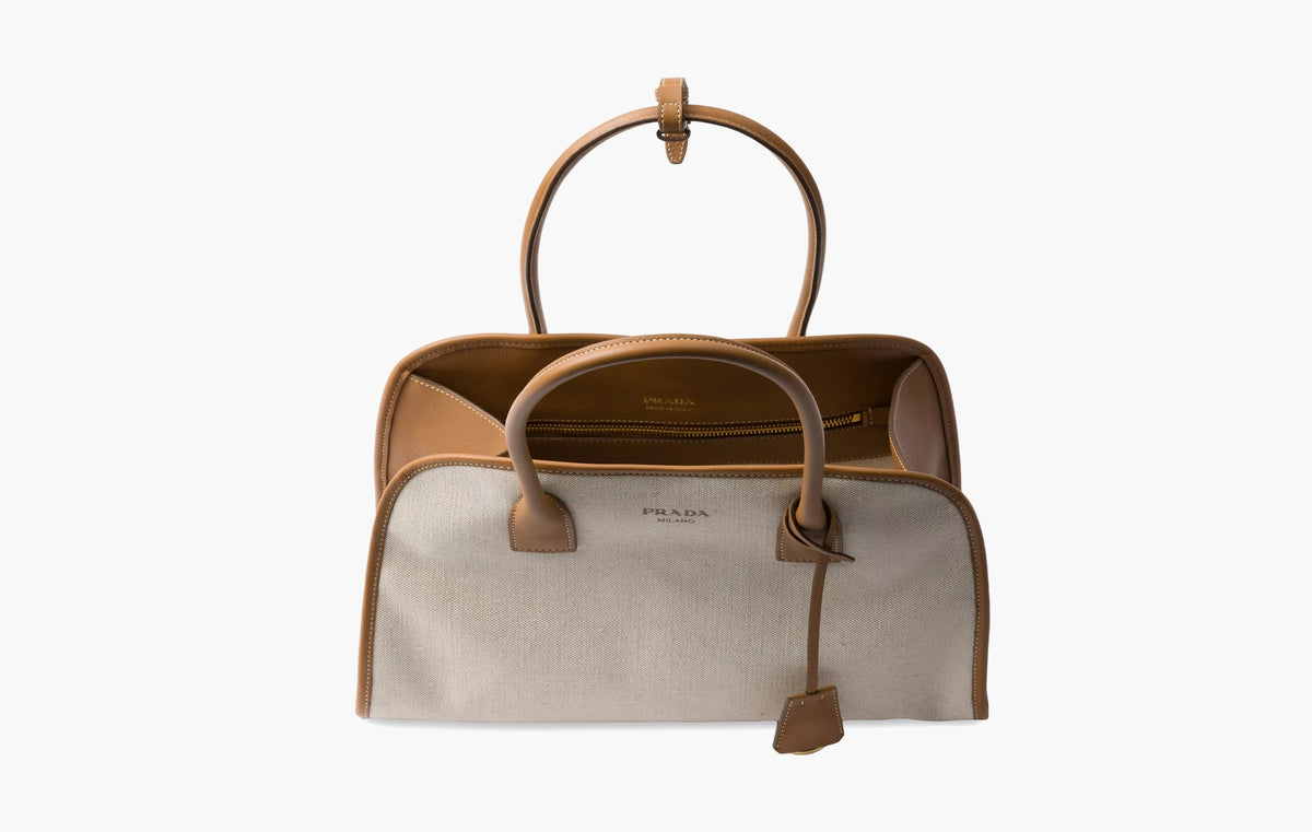 Medium Linen Blend and Leather Tote Bag "Tan/Caramel"