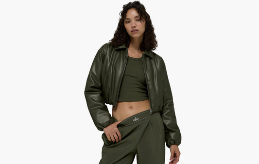 Faux Leather Cropped Premier Bomber "Green Olive"