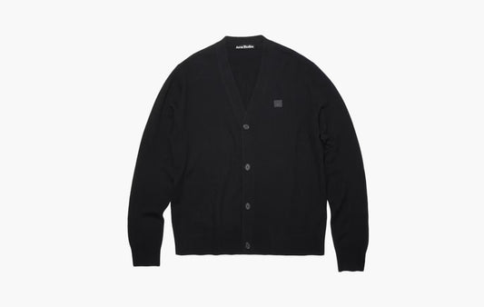 Wool Face Patch V Neck Cardigan Sweater "Black"