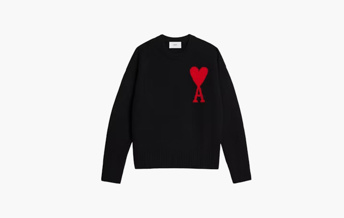Ami De Coeur Intarsia-knitted Felted Merino Wool Crewneck Oversized Sweater "Black/Red"