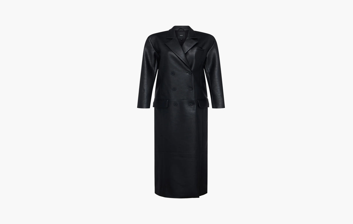 Faux Leather Double Breasted Long Coat "Black"