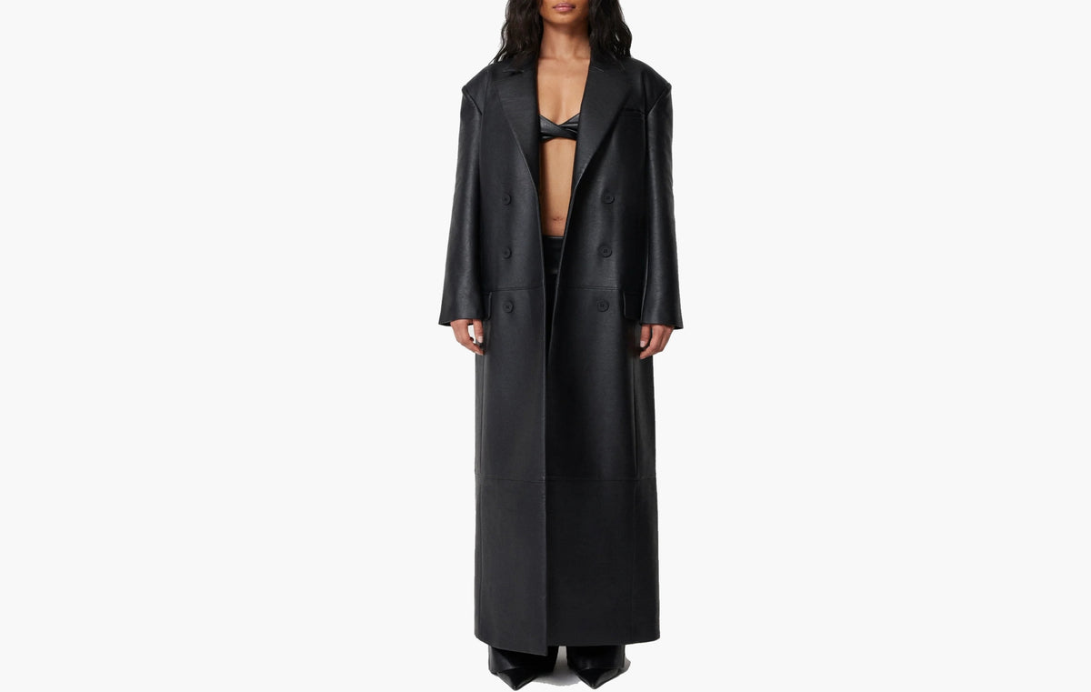 Faux Leather Double Breasted Long Coat "Black"