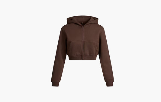 Cotton Fleece Cropped Zip Up Hoodie "Dark Sepia"